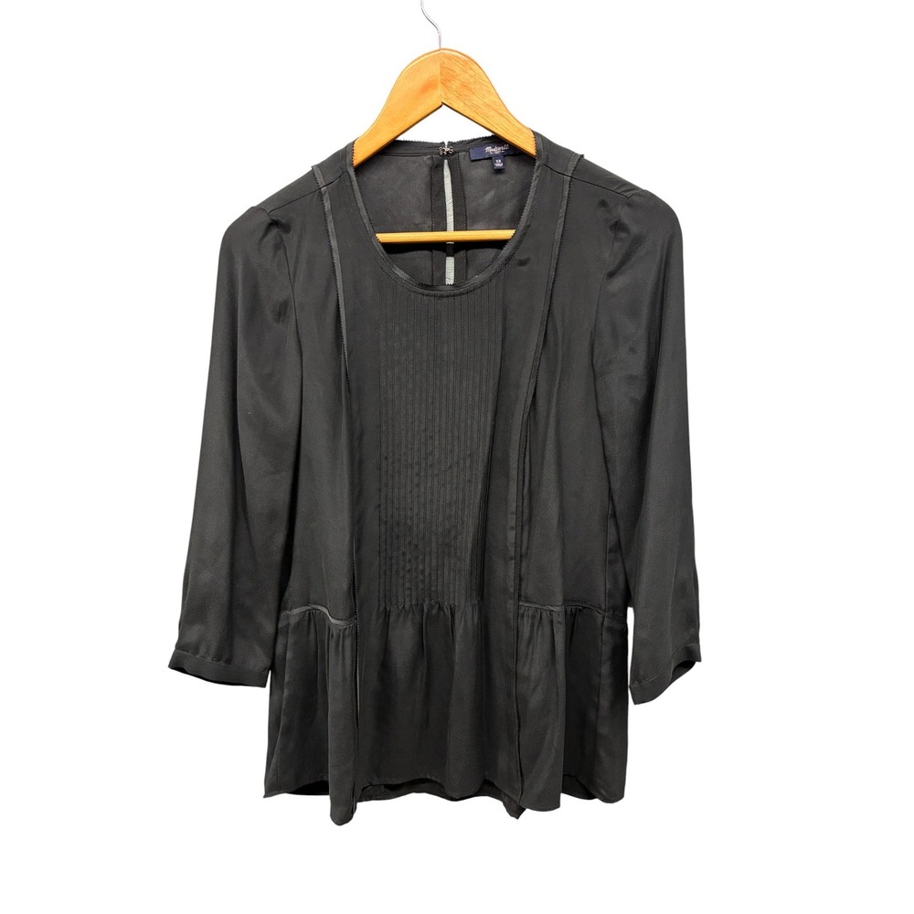 Madewell Blouse Women’s Black‎ 100% Silk Peplum Pleated 3/4 Sleeve Top XS